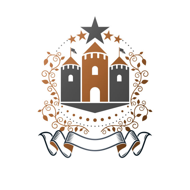 古老的城堡象征。纹章纹章装饰标志孤立矢量插图。复古符号在白色背景上的老式风格。图片下载