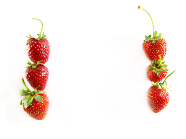 草莓有叶子，两列垂直，框架。收成。成熟的浆果。甜点。彩色照片图片下载