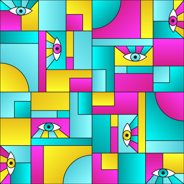复古图案与眼睛在几何形状网格蒙德里安前卫时尚纺织印花。图片下载