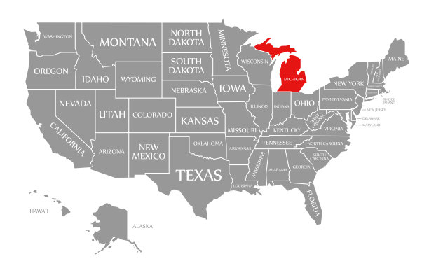 在美利坚合众国地图上用红色标出的密歇根州图片下载