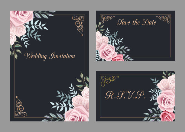 婚礼邀请模板设置玫瑰花和叶子，感谢卡，保存日期卡，婴儿送礼，菜单，传单，横幅模板。温和的黑色背景的邀请或贺卡。图片下载