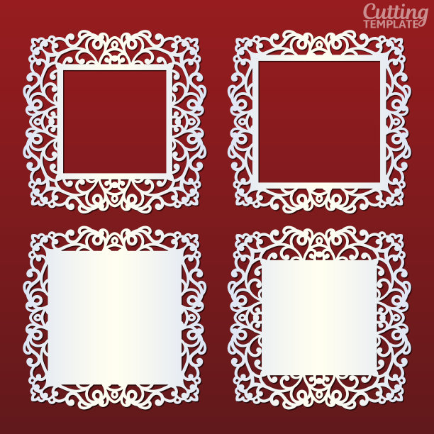 激光切割纸蕾丝方形框架设置，矢量插图。带有图案的装饰性镂空相框。抽象的背景。婚礼请柬和贺卡元素。图片下载