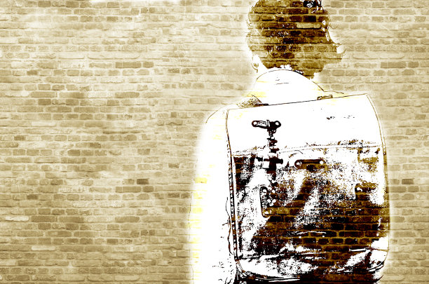 墙上的影子是一个难民女孩带着她的手提箱走着图片下载