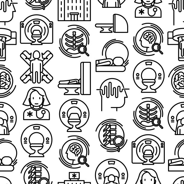 MRI诊断无缝模式与细线图标。现代矢量插图实验室设备为背景。图片下载