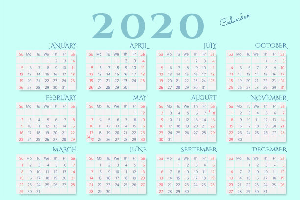 2020年新年日历薄荷色背景。图片下载