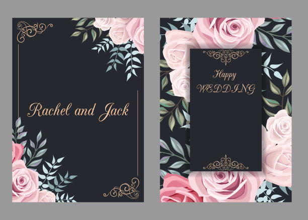 婚礼邀请模板设置玫瑰花和叶子，感谢卡，保存日期卡，婴儿送礼，菜单，传单，横幅模板。温和的黑色背景的邀请或贺卡。图片下载