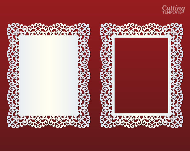 激光切割纸蕾丝框架，矢量插图。带有图案的装饰性镂空相框。抽象的背景。婚礼请柬和贺卡元素。图片下载