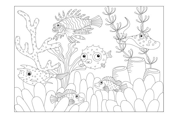毒鱼:箱鲀，狮子鱼，黄貂鱼，河豚鱼，海鲈鱼。孩子的照片着色。向量图片下载