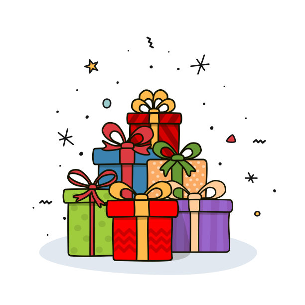 手绘礼品与蝴蝶结卡通风格。图片下载
