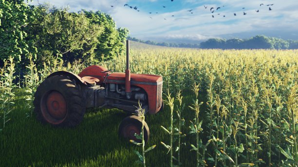 清晨，一辆旧拖拉机停在玉米地附近。农业和环境。三维渲染图片下载