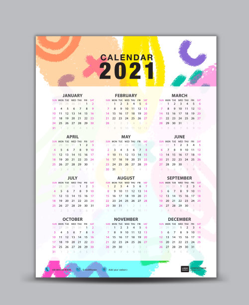 日历2021矢量模板，刻字日历，孟菲斯风格的背景，礼品卡，横幅，海报，卡片和打印，彩色粉笔，一套12个月图片下载
