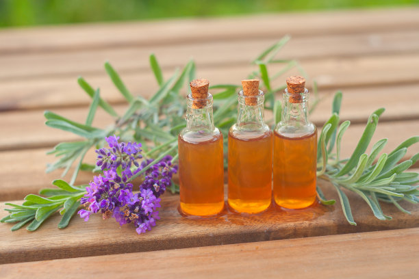 薰衣草精油装在漂亮的瓶子里放在桌子上图片下载