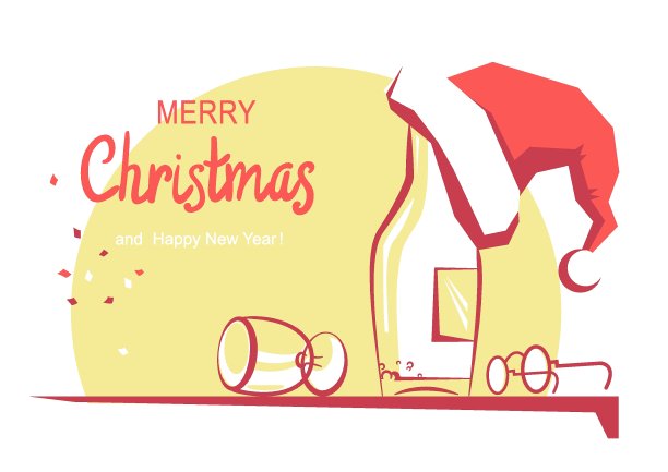 带文字的圣诞贺卡。矢量彩色卡通插图假日餐桌与酒精和圣诞老人的帽子。图片下载