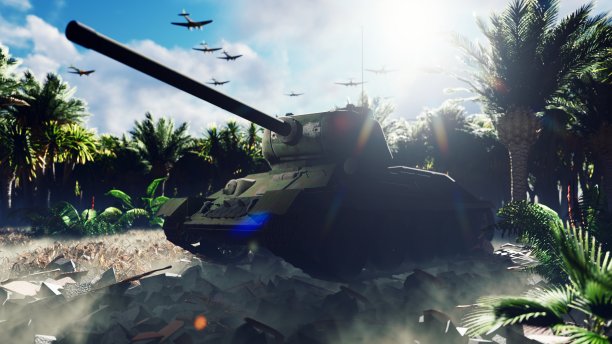 一辆军用坦克站在荒芜的热带丛林的废墟上，一队军用飞机从头顶飞过。三维渲染图片下载