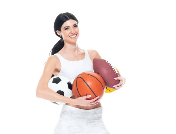 一个人/正面视图/腰部以上的20-29岁的成年人漂亮/高个子/长发高加索年轻妇女/女足球运动员/女棒球运动员/美国足球运动员/运动员/运动员在白人背景前图片下载