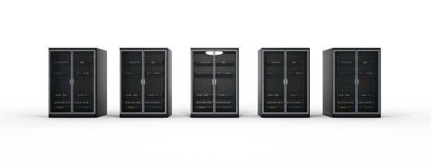 现代服务器机架。服务器机架的形象。孤立在白色背景上。三维渲染图片下载