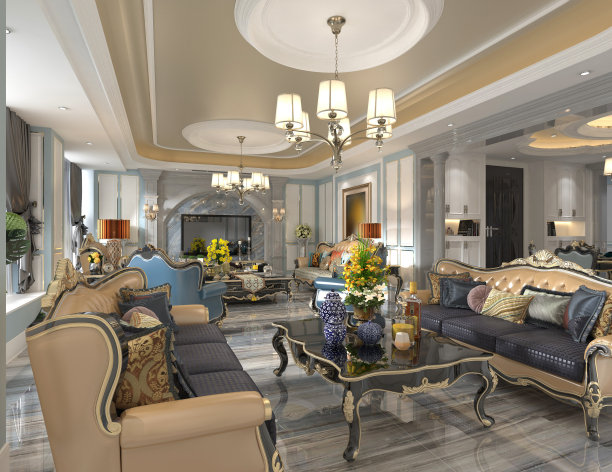 客厅室内在欧洲风格的3D插图图片下载