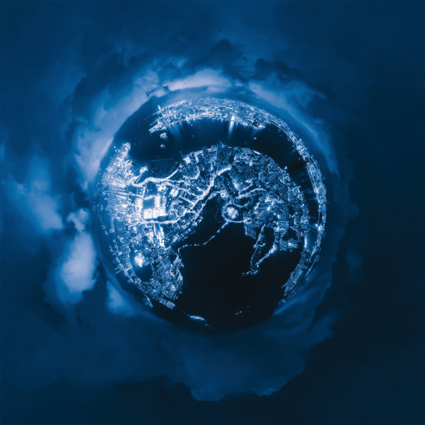 小行星360度球体鸟瞰。香港市区鸟瞰图。科技智慧城市的金融区和商业中心。晚上的摩天大楼和建筑物图片下载