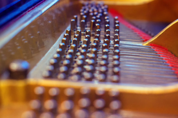 钢琴的内部结构。音乐会钢琴的装置从里面。这就是键盘乐器的琴弦的样子。图片下载