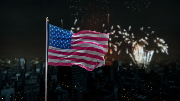 美国国旗与现代城市夜景和烟花图片下载