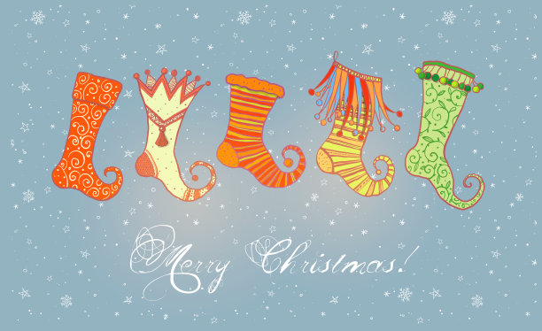 圣诞贺卡与装饰圣诞礼物袜子在蓝色的背景图片下载