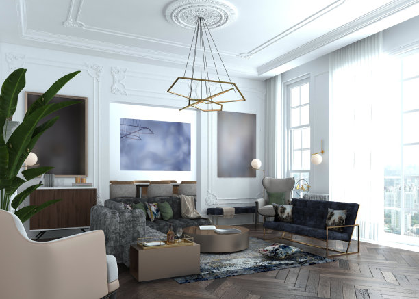 客厅室内在欧洲风格的3D插图图片下载