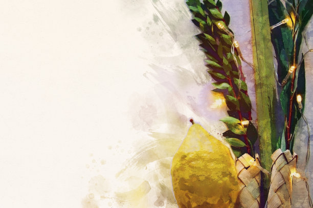 犹太住棚节的水彩画风格和抽象形象。传统符号(四种):Etrog, lulav, hadas, arava图片下载