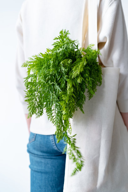 一捆新鲜胡萝卜装在帆布袋里挂在一个年轻女孩的肩上。环保袋，零浪费理念。素食和纯素食主义图片下载