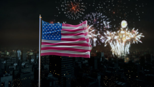 美国国旗与现代城市夜景和烟花图片下载