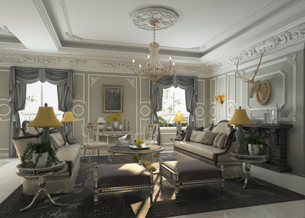 客厅室内在欧洲风格的3D插图图片下载