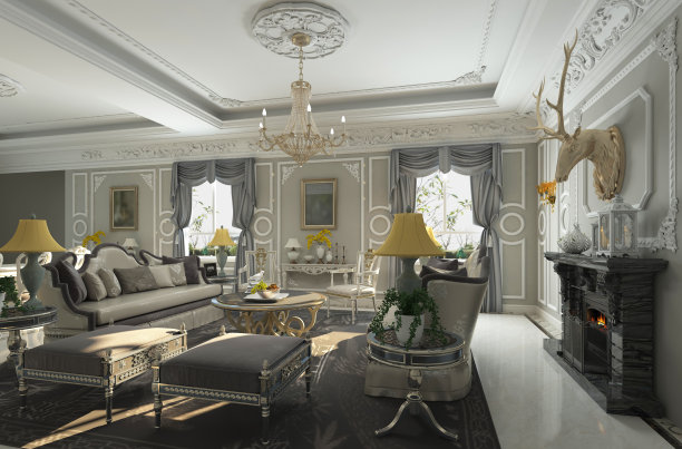 客厅室内在欧洲风格的3D插图图片下载
