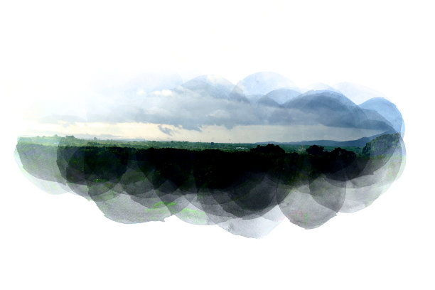 在水彩插画的背景上抽象了色彩丰富的山脉和树木景观。图片下载