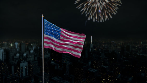 美国国旗与现代城市夜景和烟花图片下载