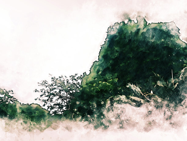 抽象的绿色彩色形状在水彩插画背景。图片下载