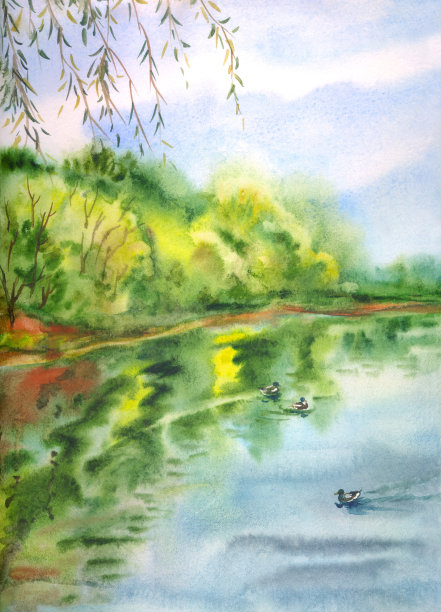 风景与池塘岸，柳树和鸭子图片下载