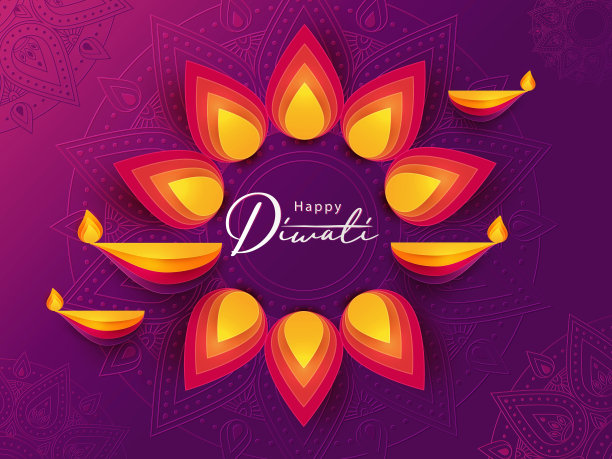 排灯节印度教节日的问候设计剪纸风格的美丽明亮的灯，油灯和花灯图片下载
