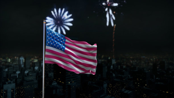 美国国旗与现代城市夜景和烟花图片下载