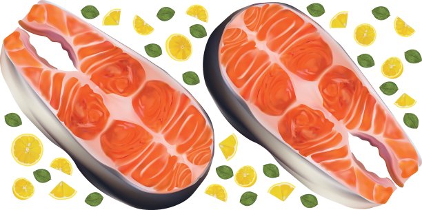三文鱼生排配柠檬。红色的鱼,美味。鱼片，新鲜鲑鱼排。菜单上有海鲜。3D矢量插图孤立在白色背景。图片下载
