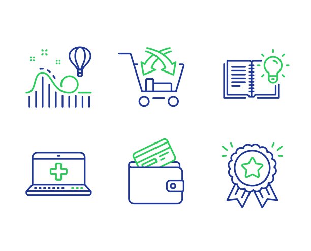 医疗帮助，交叉销售和过山车图标集。产品知识，借记卡和忠诚奖励标志。向量图片下载