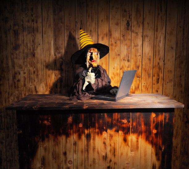 女巫用笔记本电脑。支持服务的概念图片下载