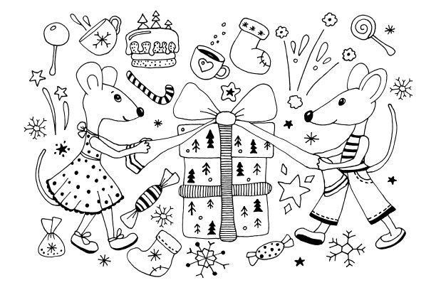 符号2020老鼠，老鼠拆礼物，享受节日。大量的节日元素。手绘矢量插图在斯堪的纳维亚风格。圣诞和新年元素的设计。图片下载