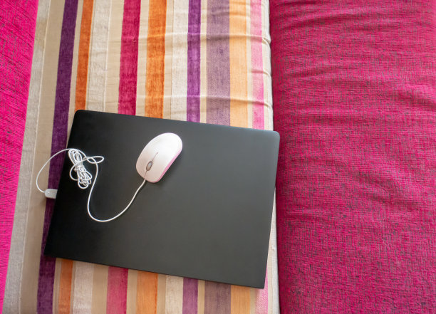 房间里的彩色沙发上放着黑色笔记本和光学鼠标图片下载