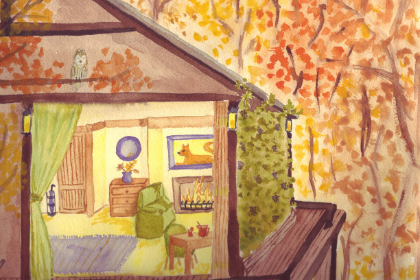 高跷房子在一个色彩斑斓的秋天森林，与整个舞台敞开的门和一个舒适的内部壁炉图片下载
