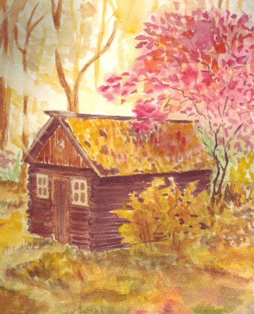 明亮的秋季森林景观与小木屋和多色(红、橙、黄)树。图片下载