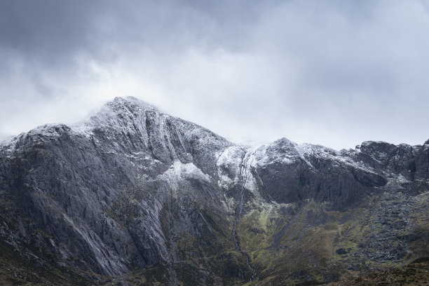 冬季，斯诺登尼亚的格莱德斯山脉被白雪覆盖，山峰上悬着可怕的低云，这是一幅令人惊叹的景观图片图片下载