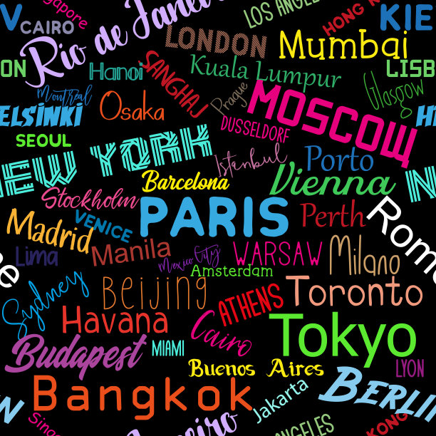 城市的世界-多彩的文字无缝图案纹理。图片下载