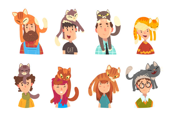 人们与有趣的猫坐在他们的头设置，可爱的宠物和它的主人矢量插图在白色的背景图片下载