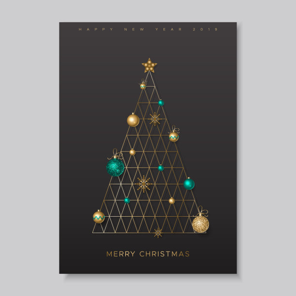 节日贺卡上有一棵风格独特的圣诞树和五颜六色闪亮的球图片下载