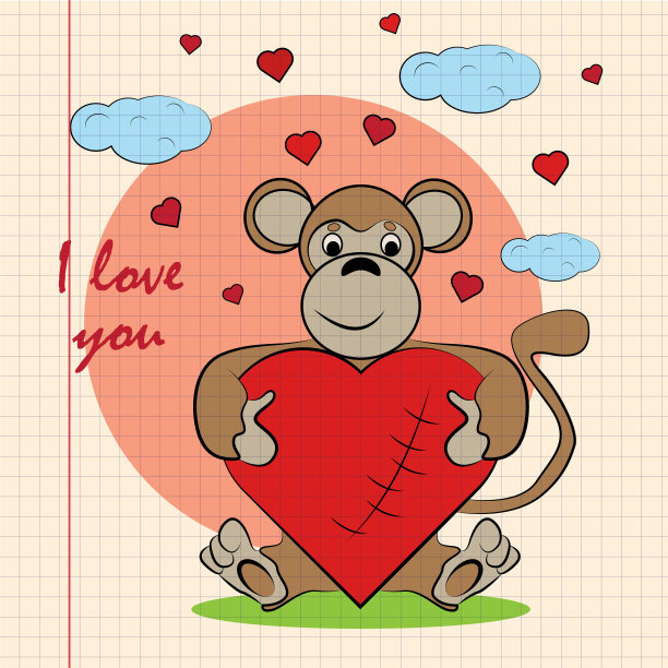 轮廓彩色儿童插图小猴子拥抱心与我爱你在笔记本上画在盒子里图片下载