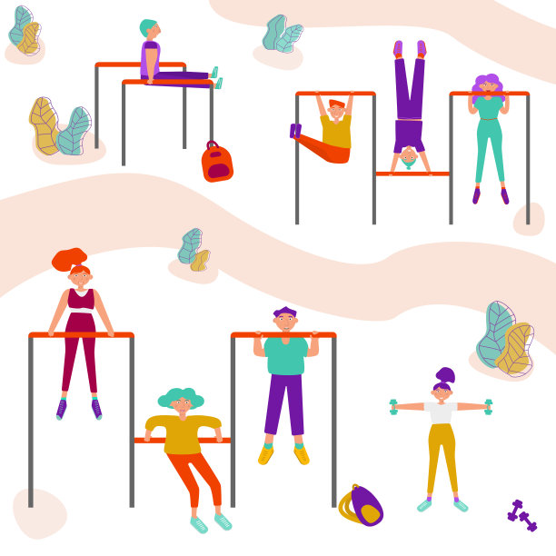 穿着现代服装的年轻人在户外运动。人们在公园的户外进行体育活动，他们做引体向上，下蹲和推。健康的生活方式和健身理念图片下载